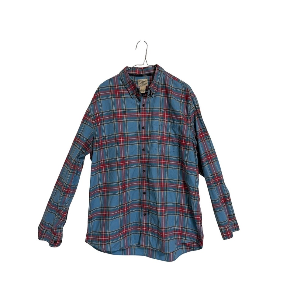 LL Bean Button Down Shirt‎ Mens L Blue Red Plaid Traditional Fit Long Sleeve